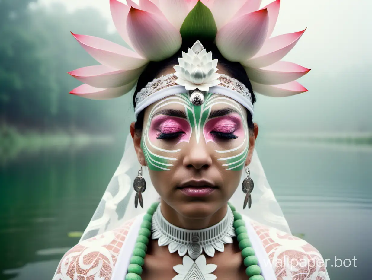 A candid extreme closeup photo of an eccentric traditional Aztec queen meditating in a lake, white haute couture, white lace veil, symmetry, lotus flowers, France, foggy summer morning, pastel green and pink colors --ar 2:3 --v 5.2