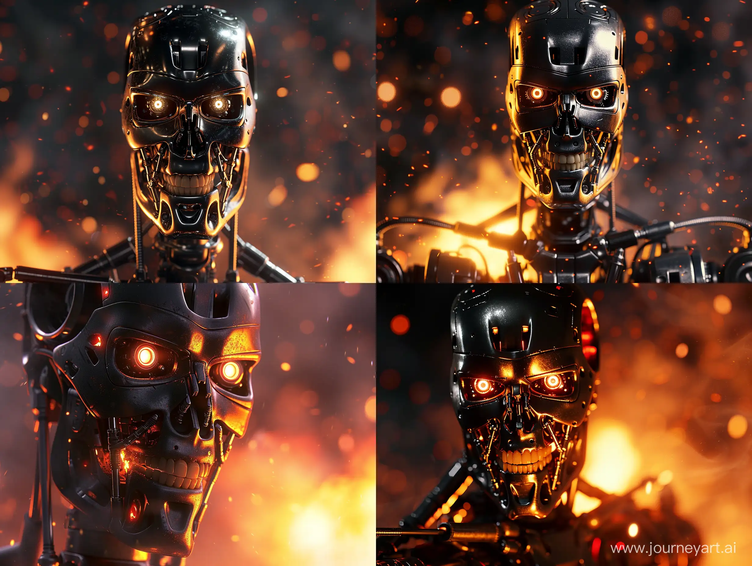 страшный и реалистичный Робот терминатор угрожающе смотрит, огонь, фотореализм, крупный план, блеск, отражения метала, детали, детализация, дым, свет, темная тема