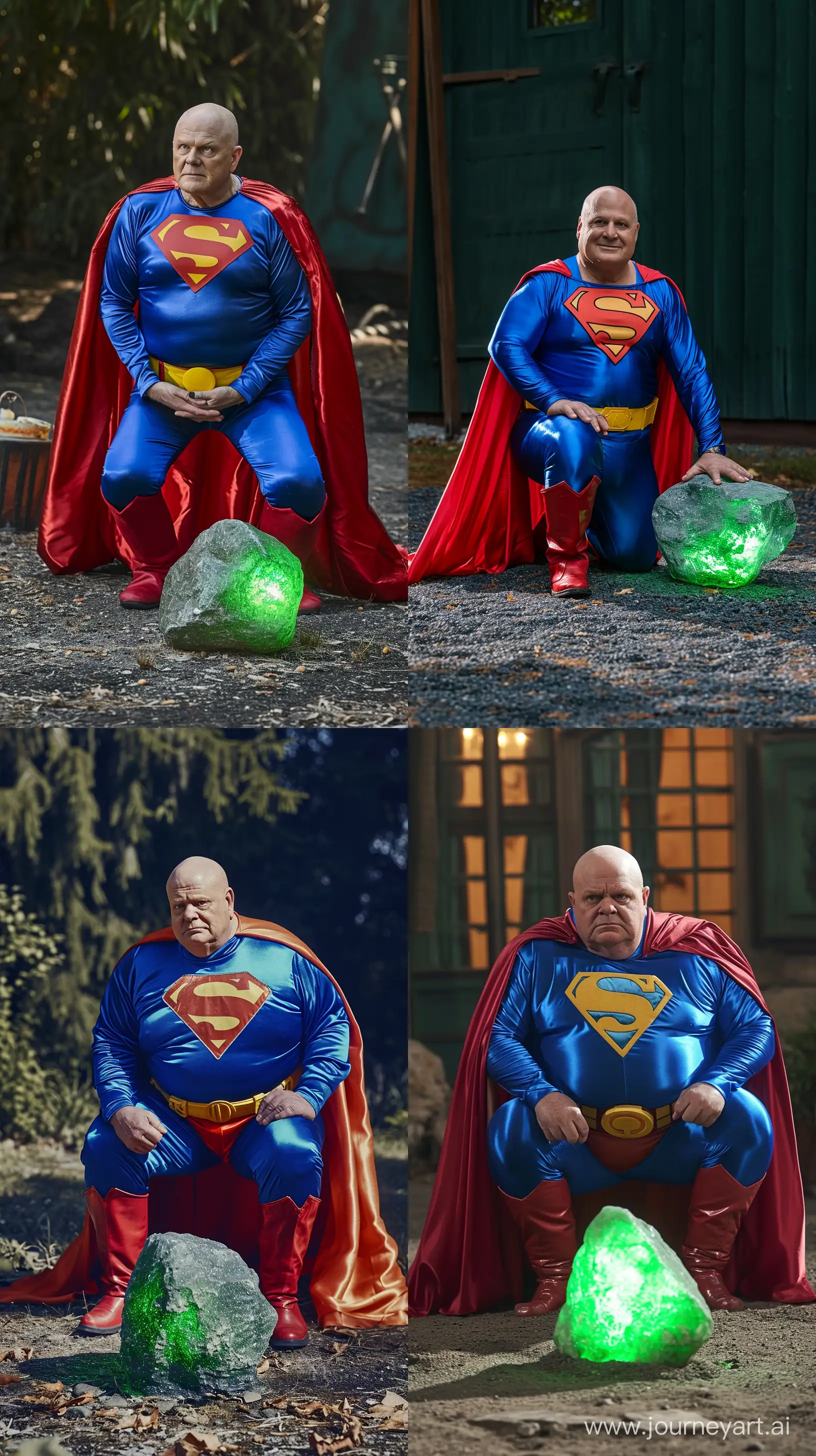 Portrait photo of a chubby aged 70 wearing a silky royal blue superman costume with a large red cape, red boots, royal blue shirt, royal blue pants, yellow belt, red trunks and kneeling on the ground in front of a green glowing small rock. Outside. Bald. Clean Shaven. --style raw --ar 9:16 --v 6