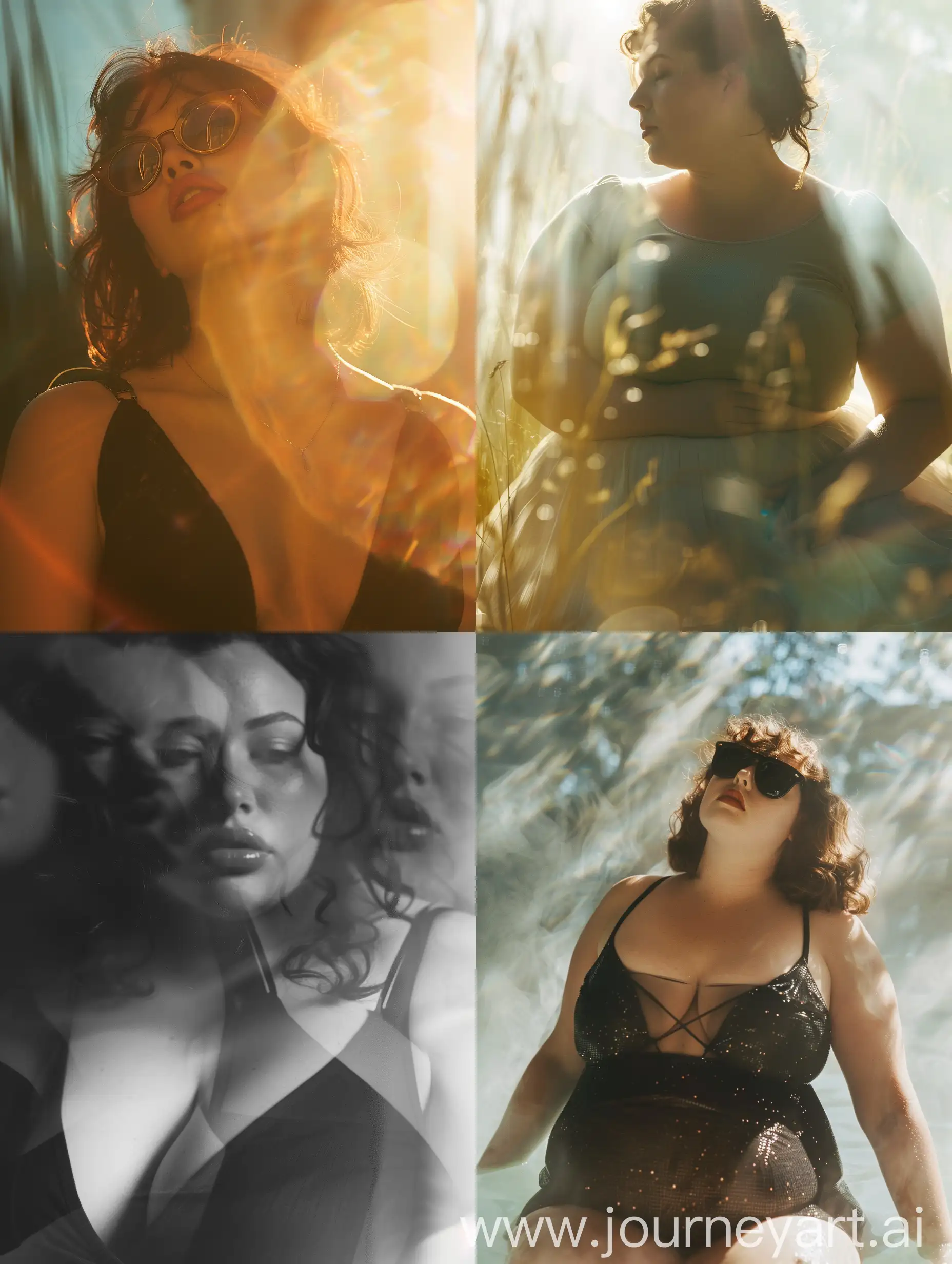 a fat beautiful woman, editorial oakley, camera haze, camera blur, film lut