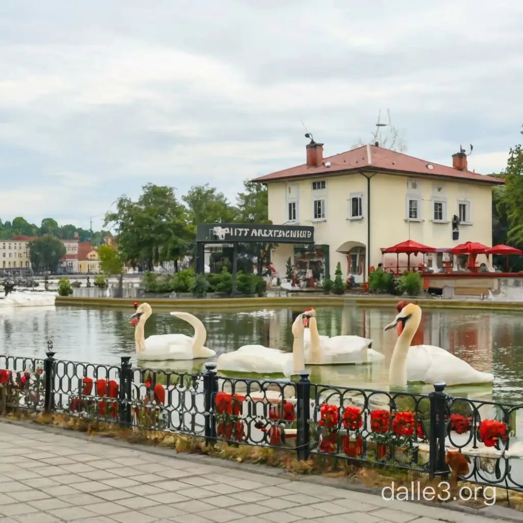 A pizzeria restaurant by a lake border with two swans with saint valentines decorations
