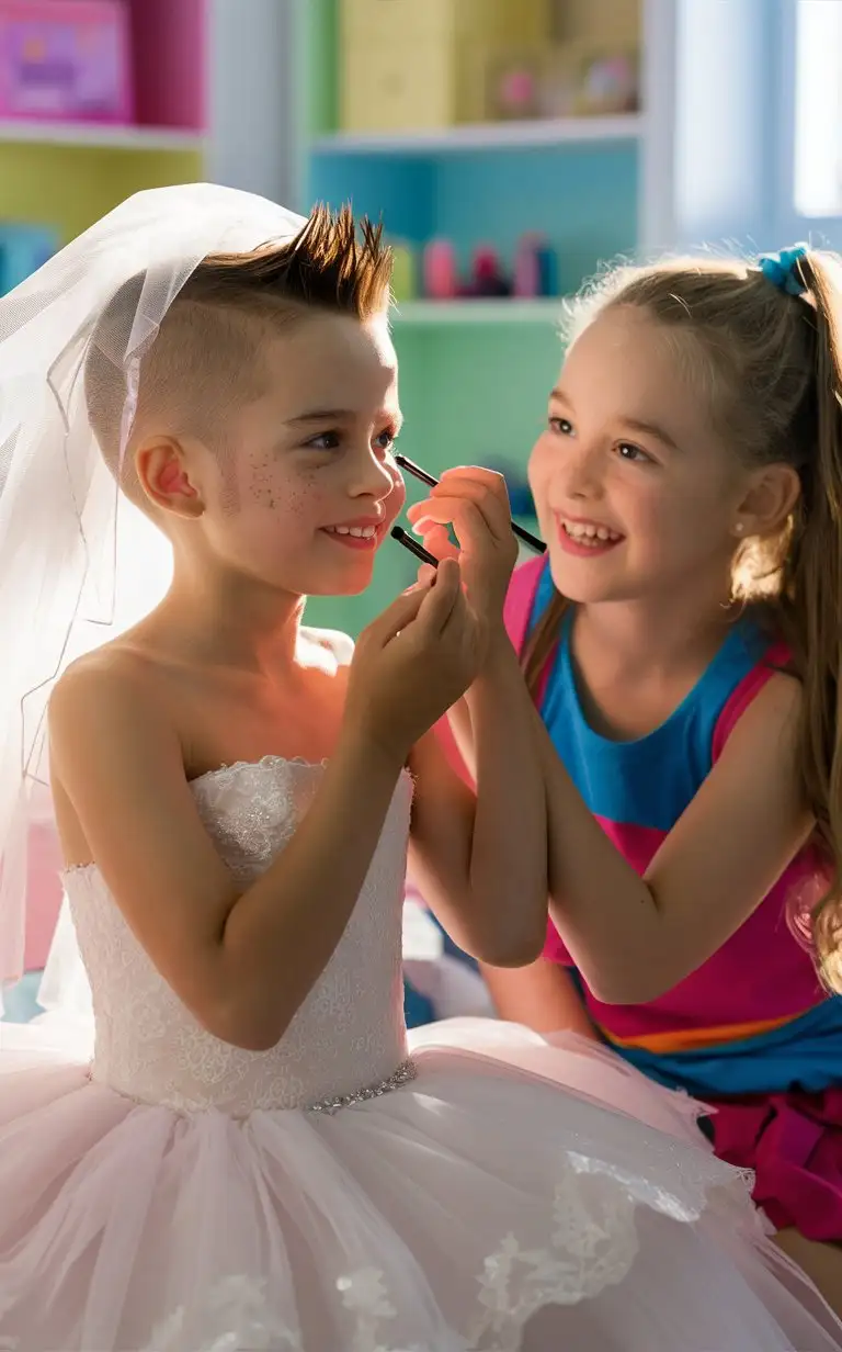 ((Gender role-reversal)), photograph a white English brother and sister, a cute boy with short spiky hair shaved on the sides age 5, and a cute girl with long hair in a ponytail age 6, the boy wants to be a girl, he is dressing up in a thick white strapless princess wedding dress and a veil, he is putting makeup on his face in his bedroom, the girl is being supportive, smiles, adorable, perfect faces, perfect faces, clear faces, perfect eyes, perfect noses, smooth skin