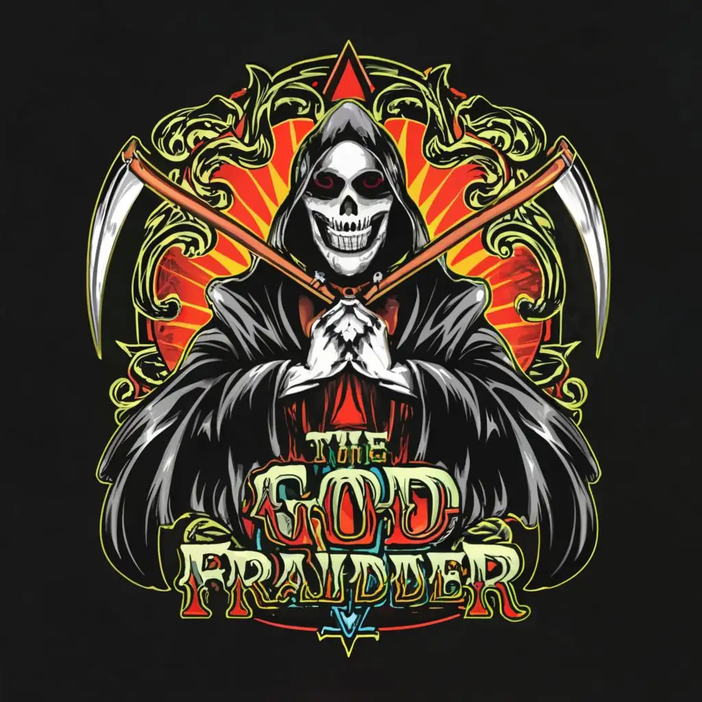 a logo design,with the text 'The God Fraudder', main symbol:grim reaper with day of the dead face paint,complex,be used in Entertainment industry,clear background energy paint drips and splatters