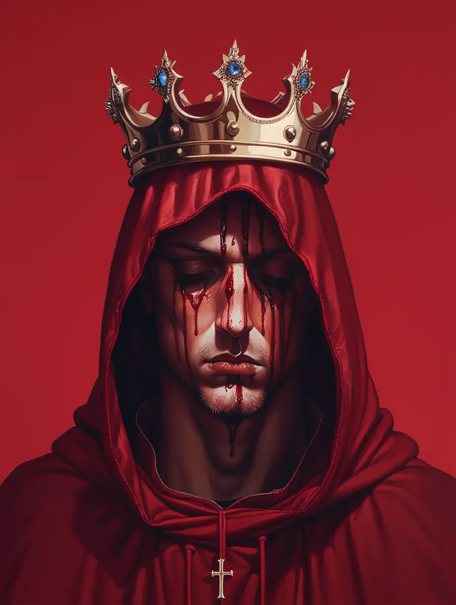 Renaissance Royalty in Contemplation Bloody Crown and Hooded Serenity on Red Background