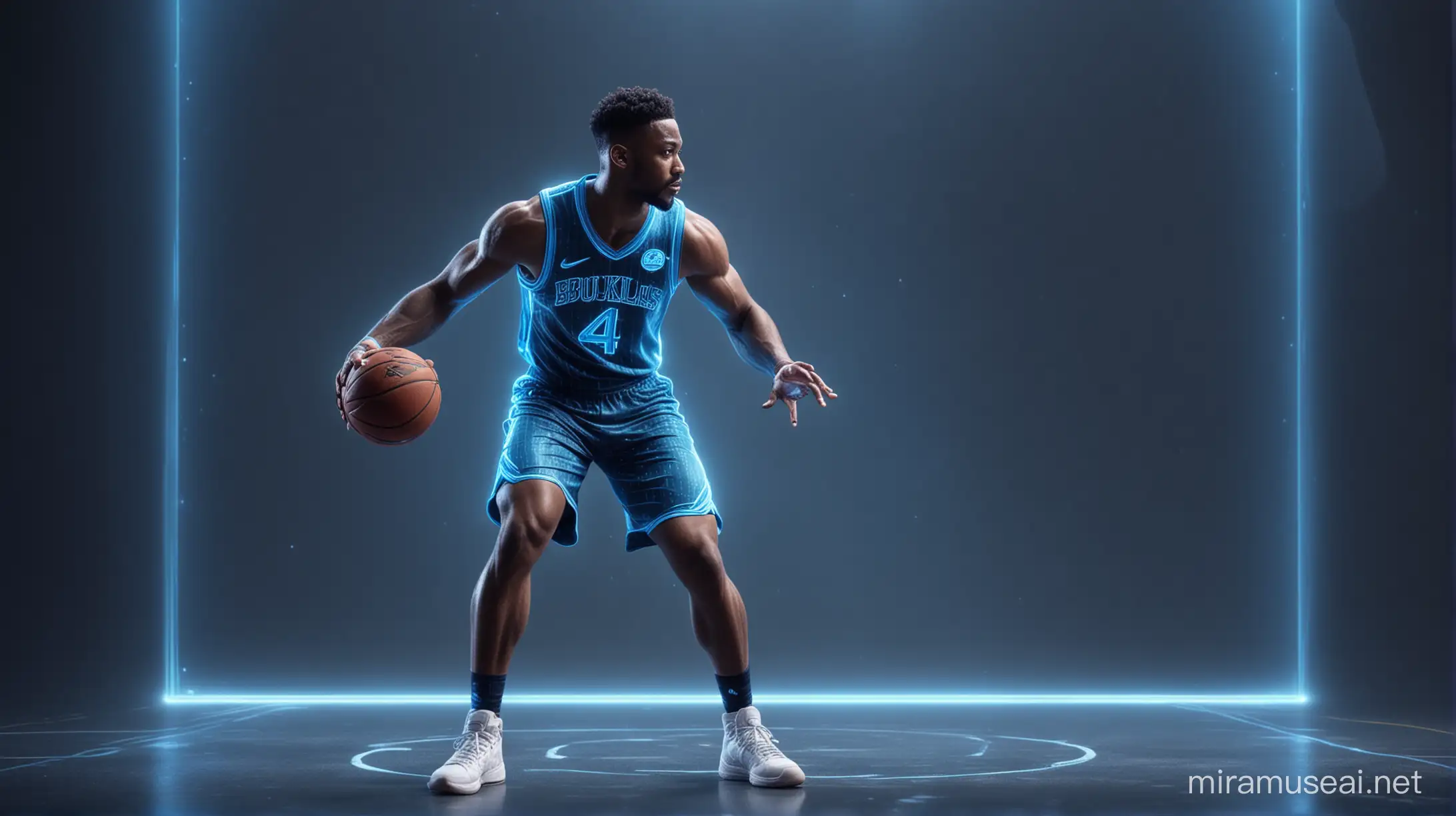 futuristic hologram of a male basketball player with neon blue light around him, 8k, extremely detailed