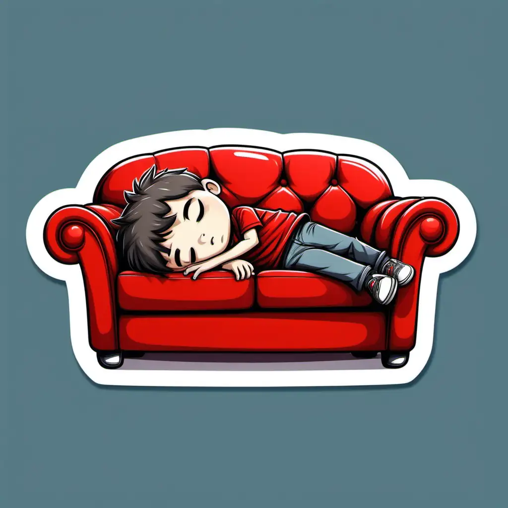 A tired kid lying in red sofa, sticker style, ultra detailed