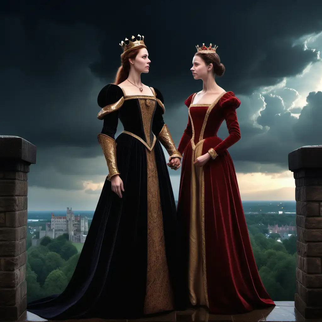 a brown haired queen from 1560 is standing at the top of a castle, she holds the hand of her princess daughter, her daughter stands beside her, the queen is wearing a long black square neck gown, it is night time, it is raining, she has a sword in her hand ready to fight, the princess wears a long red and gold gown and a tiara, planets can be seen in the night sky 