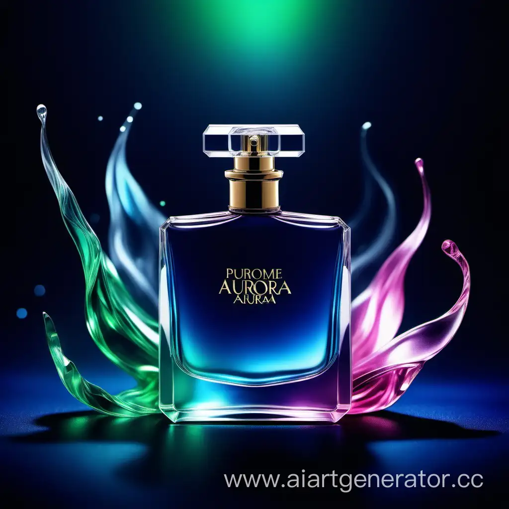 perfume in AURORA theme , creative ad look , the perfume glass is dark blue , use the background as aurora colors use green , blue , pink colors in the background 
