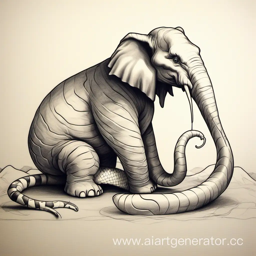 Нарисуй карандашом на бумаге змею, которая проглотила слона