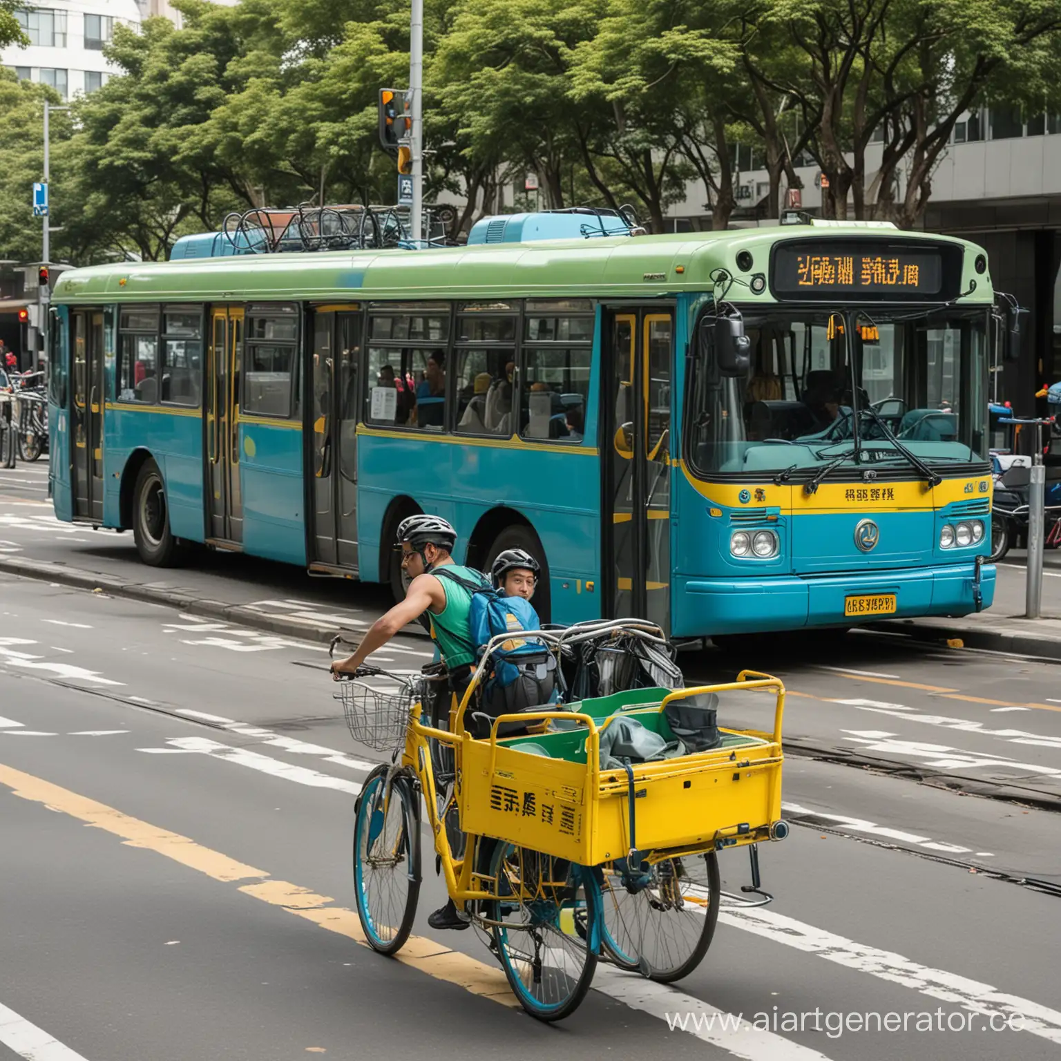 : A blue and green bus with a bike rack on the front, a yellow tram, and a cyclist with good asian face wearing a helmet. 