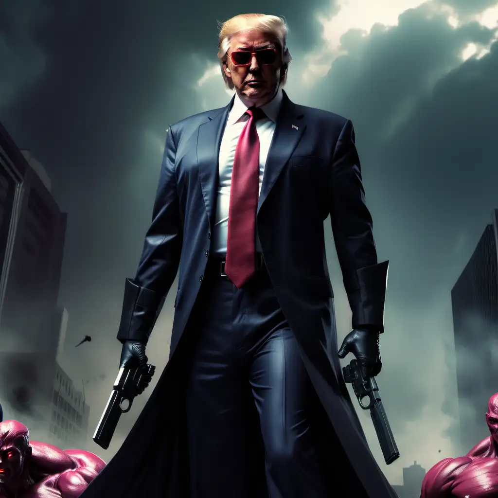 Donald Trump's head on body of Gambit from X-men. very muscular. very long hair hanging off the shoulders. stubble. swagger. black tactical suit and tie. the sleeves rolled up. dark red sunglasses. looking serious. gripping a gun. muscular body shape. full body. wide shot.