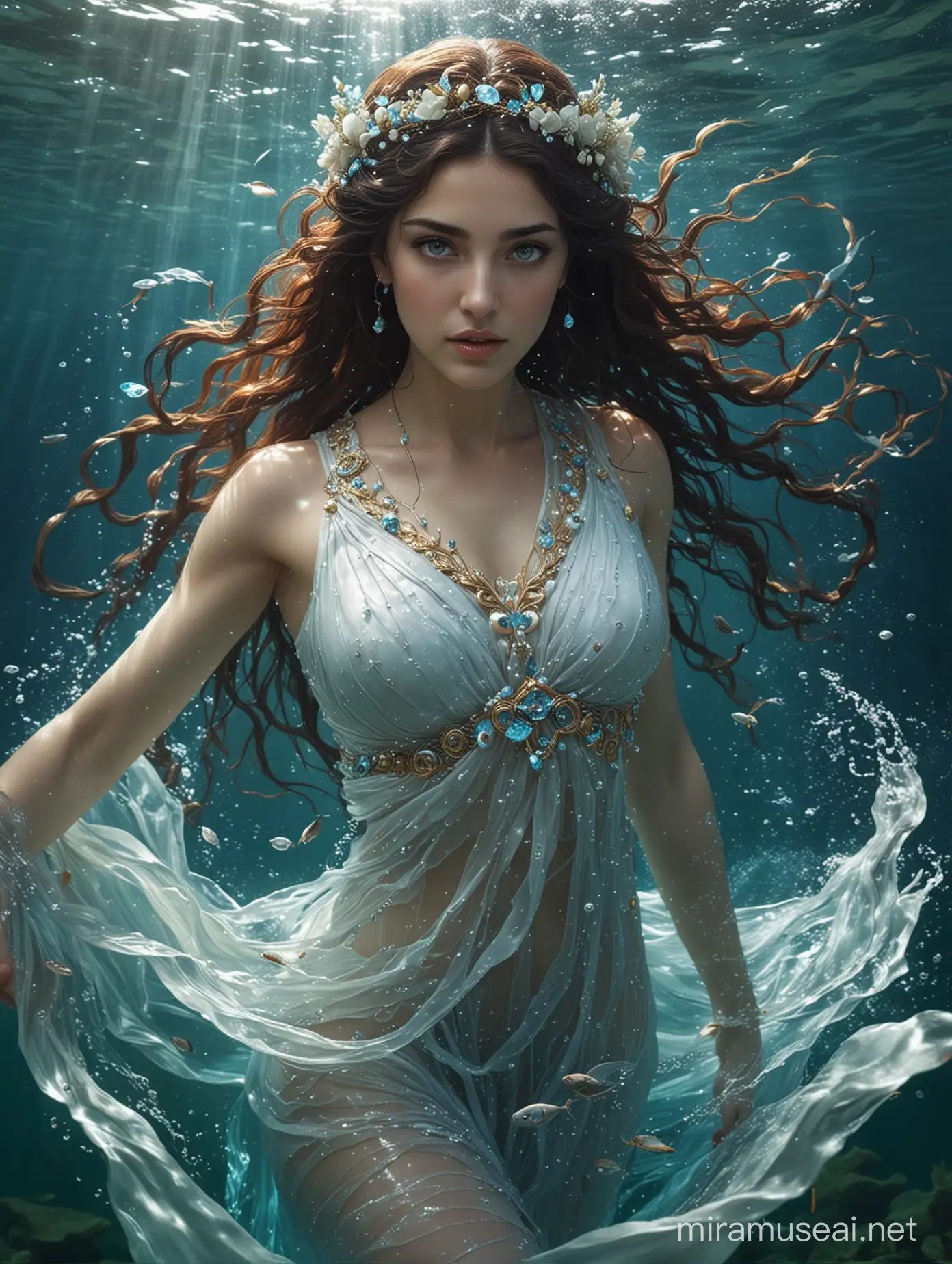 A masterpieced of Kimiya Hosseini as Leucothea, Greek goddess of the sea. She is under the sea, and her Greek dress flows ethereally in the water until it mixes with the water until it disappears. She has has blue eyes.


