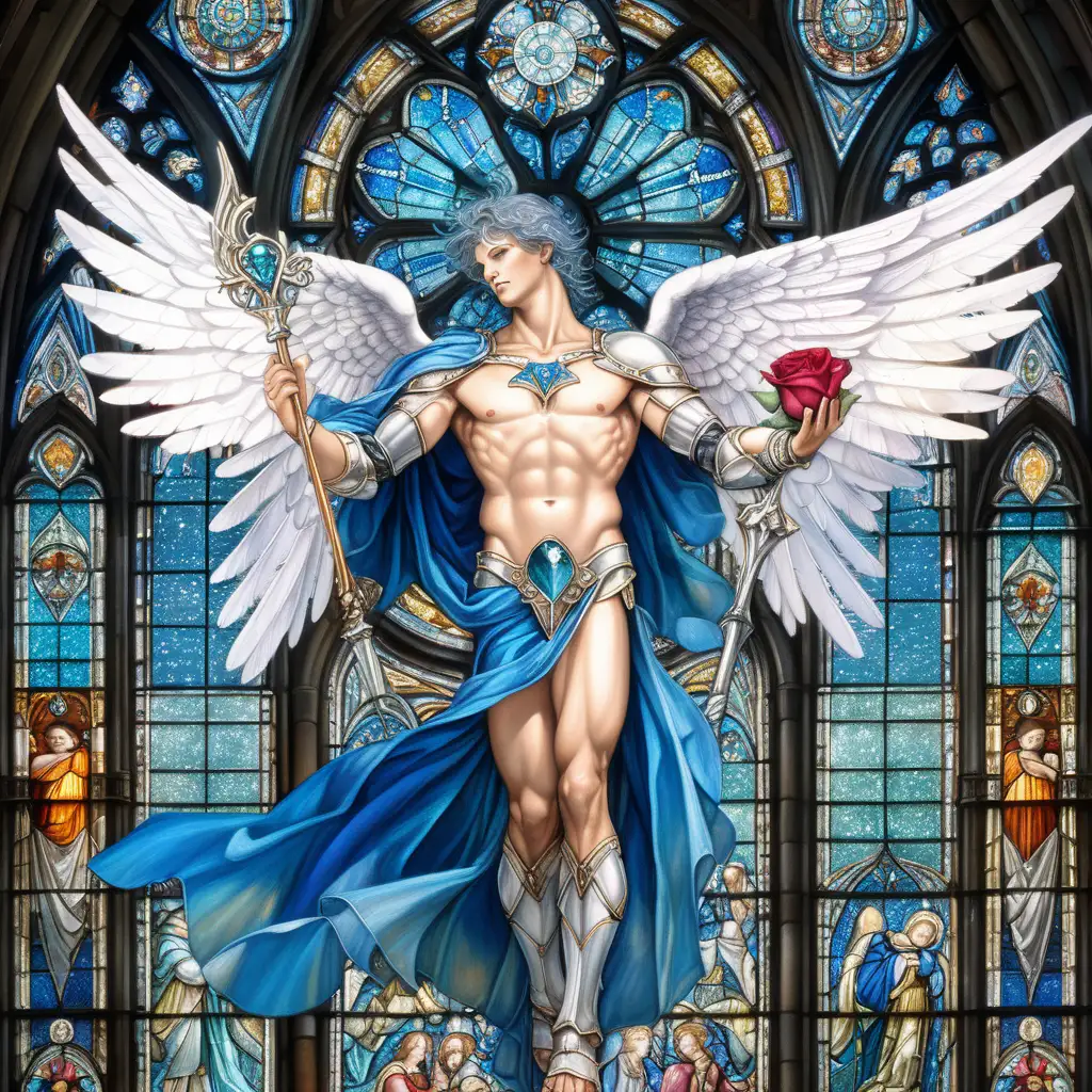 Immerse yourself in a realm of celestial beauty with an AI drawing depicting a shirtless, handsome male angelic knight. With modern sensibilities, this angel exudes timeless charm and divine grace.

His short navy blue hair and subtle stubble lend a contemporary edge to his angelic appearance, while his glowing aquamarine eyes shimmer with otherworldly wisdom and allure. The angel's confidence radiates as he reveals his well-defined chest and sculpted abs, embodying strength and grace.

Adorned with intricate blue crystals and silver bracelets, he emanates an aura of ethereal elegance and sophistication. His majestic wings unfurl behind him, a symbol of his celestial nature and divine purpose.

In flight above a resplendent church adorned with rose-stained glass windows, the angel soars with effortless grace. The vibrant colors of the stained glass infuse the scene with a sense of enchantment and wonder, enhancing the angel's celestial aura.

Clad in gleaming leg armor, the angel exudes a sense of protection and strength as he watches over the world below. This captivating drawing captures the essence of celestial beauty and divine power, inviting viewers to embrace the magic of the heavens.