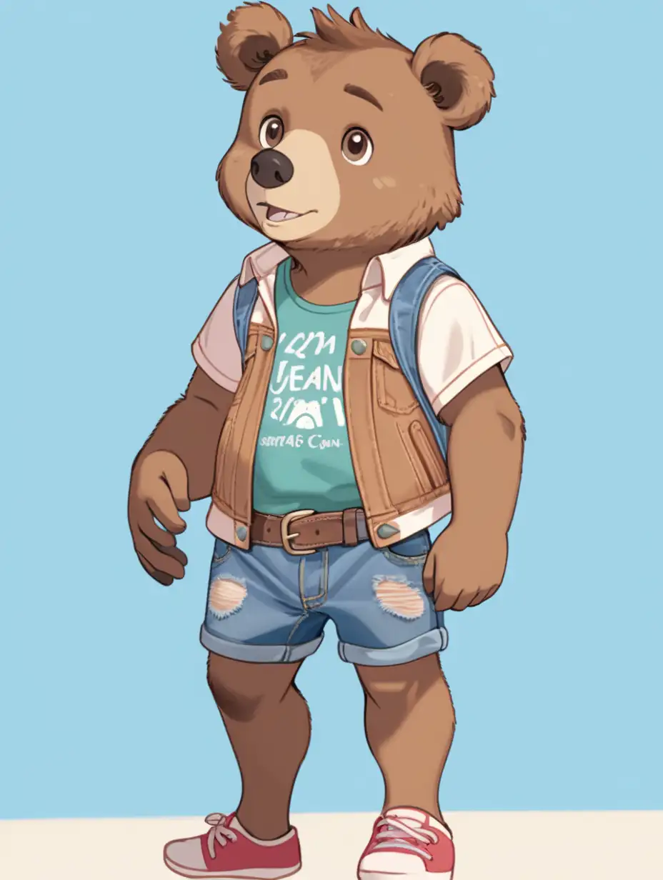 Adorable Brown Bear Cub Wearing Jean Shorts