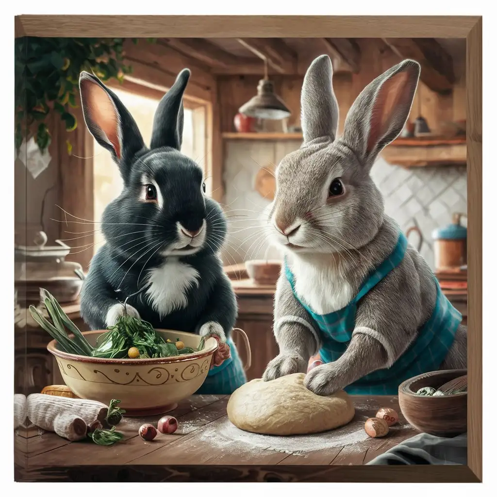 Two Rabbits Cooking Together in Their Kitchen