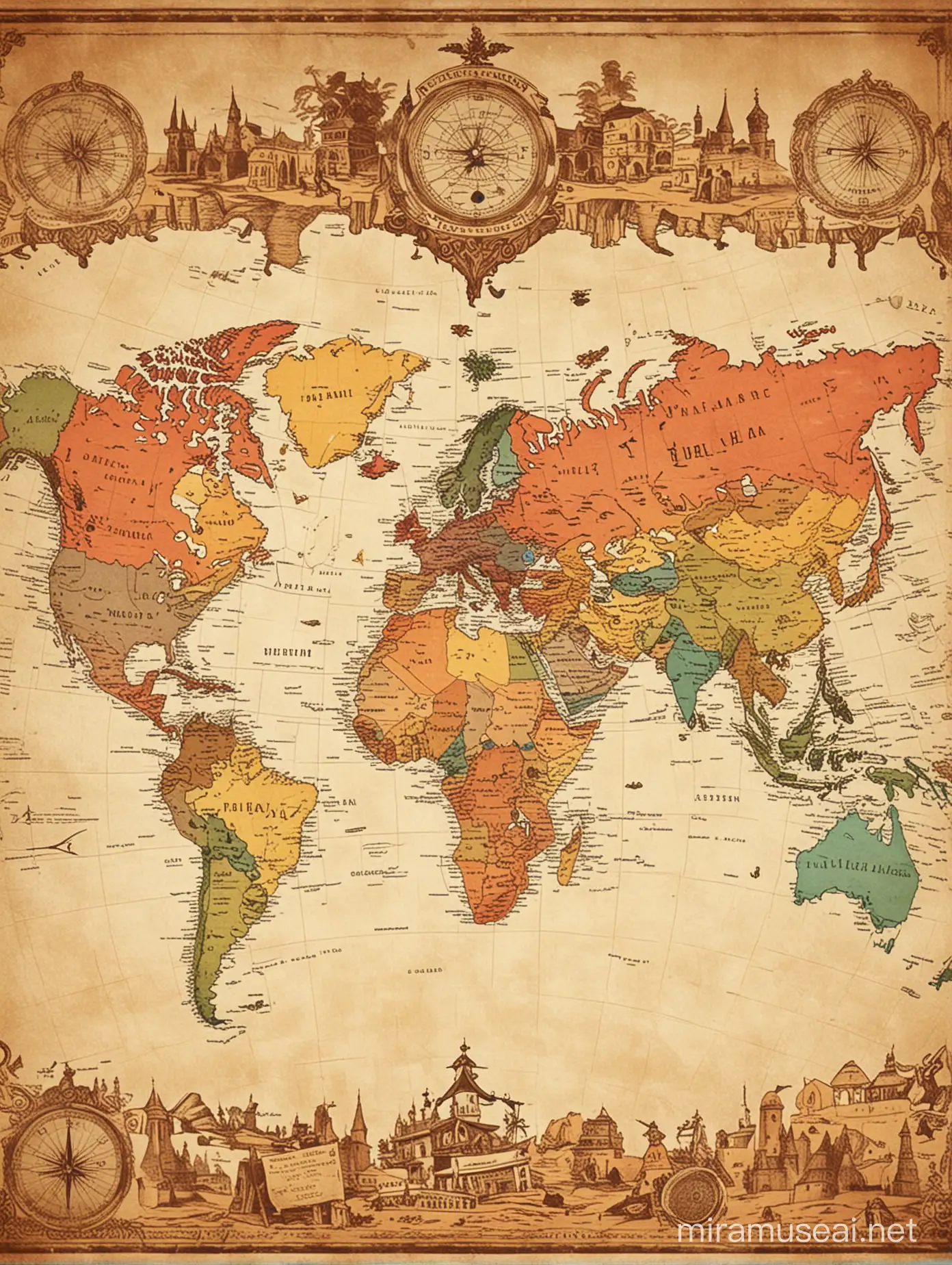 Vintage World Map Illustration with Antique Flair