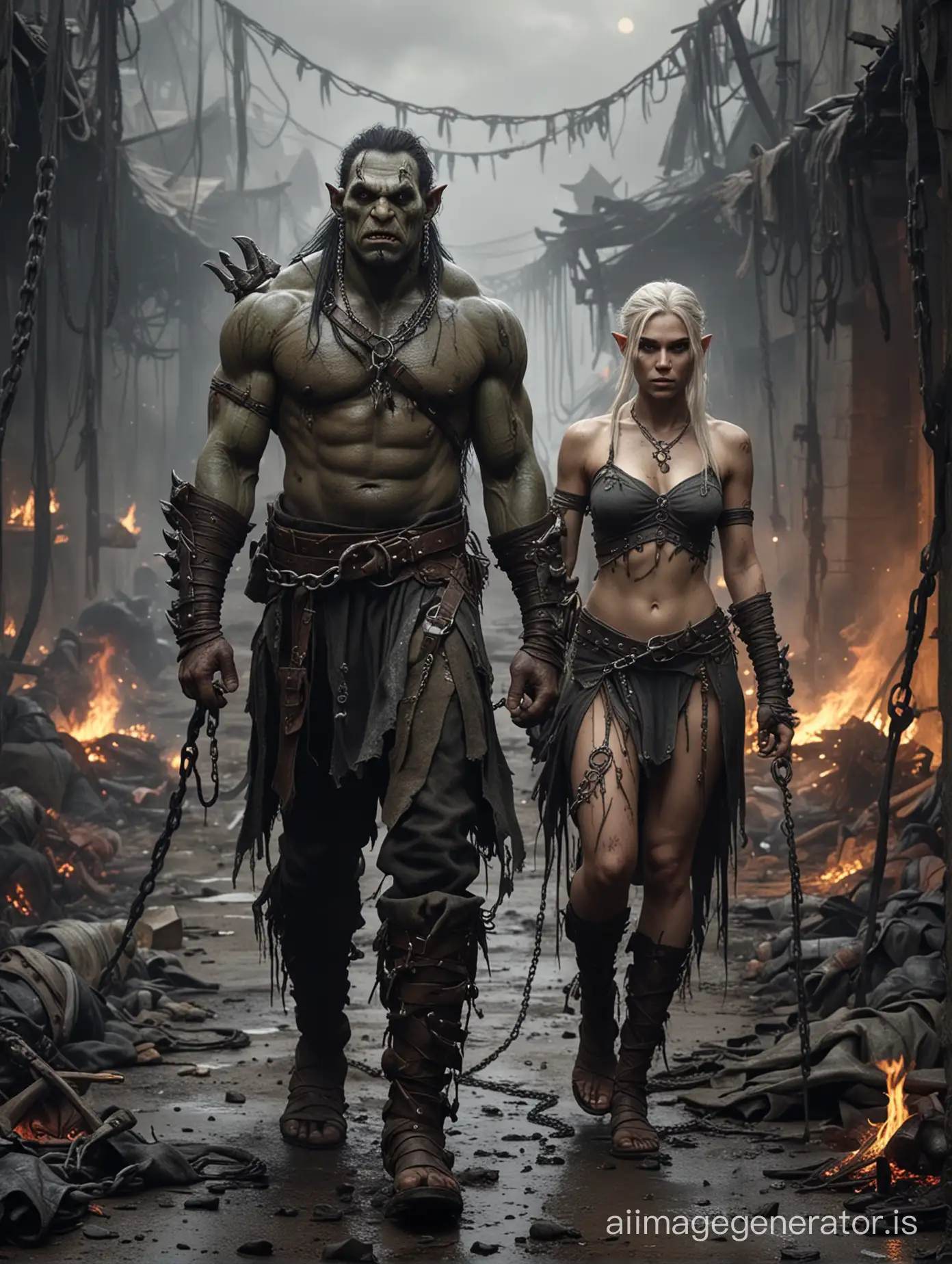 The Orc Leader in his harnass with his female elven slave in chains walking next to him. Slave in tattered rags next to him, in the middle of the orc tribe. Dark and gloomy, fires burn, the orcs feast