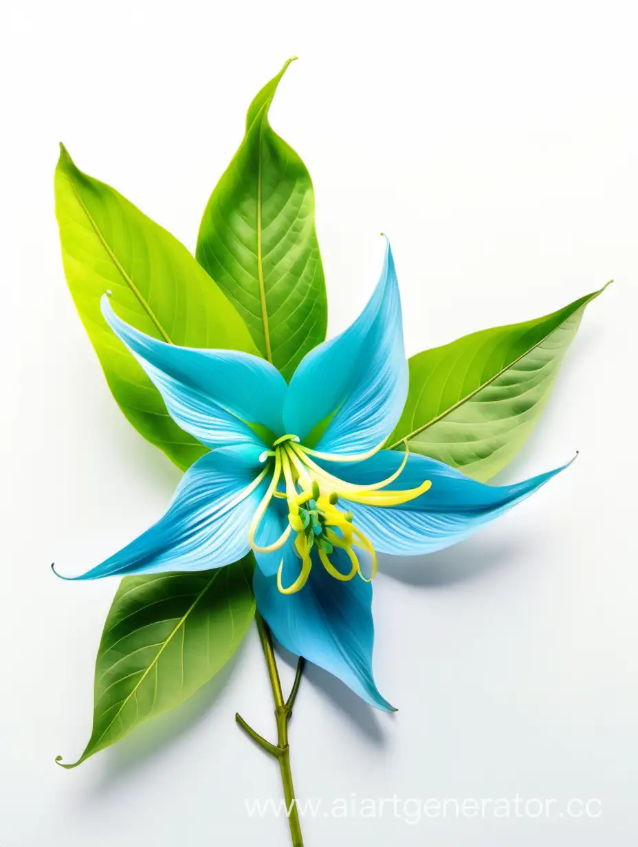 ylang BLUE wild BIG flower 8k ALL FOCUS with natural fresh green 2 leaves on white background 