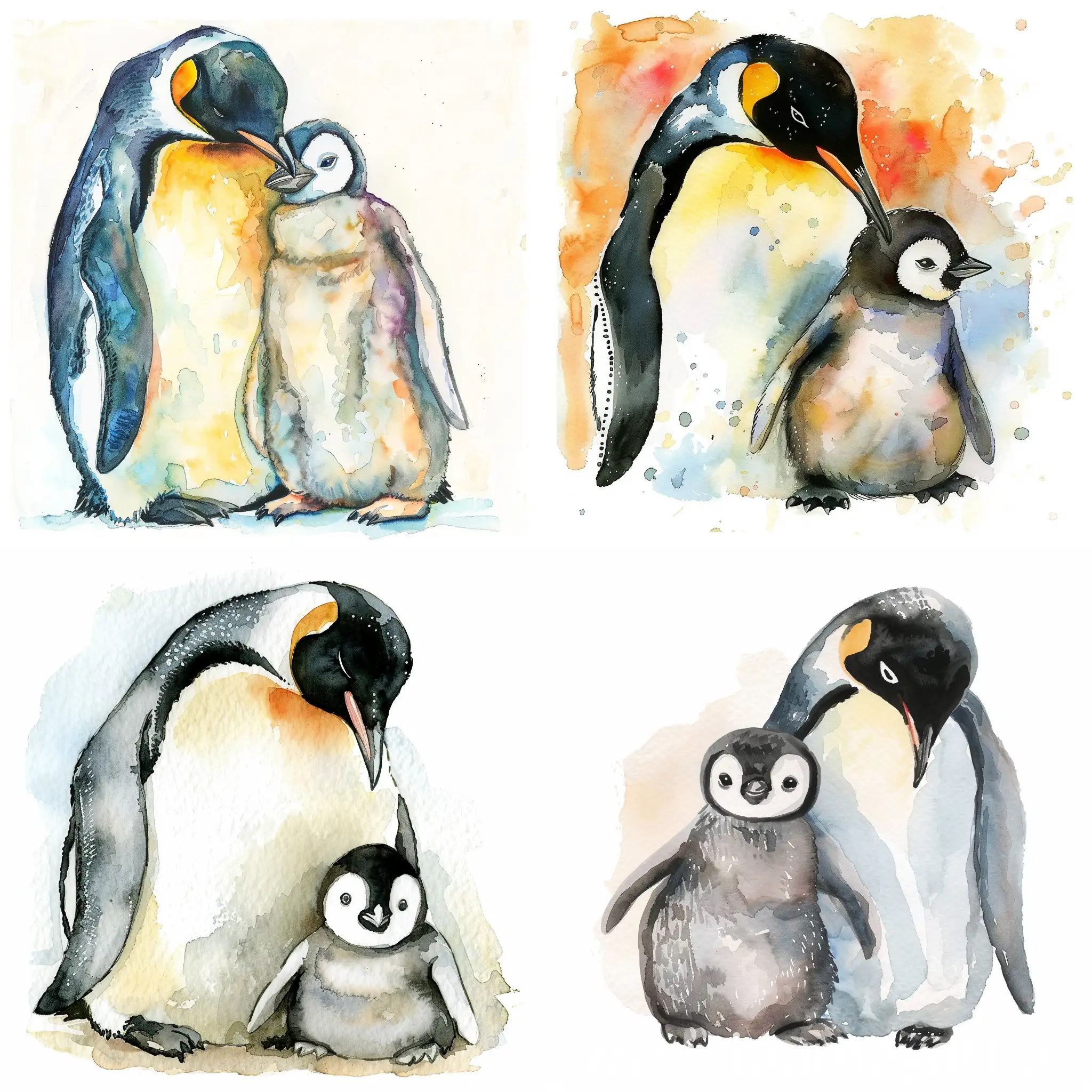 Watercolor baby room nursery wall art. Use pastel colors. Wild baby penguin with mother penguin.