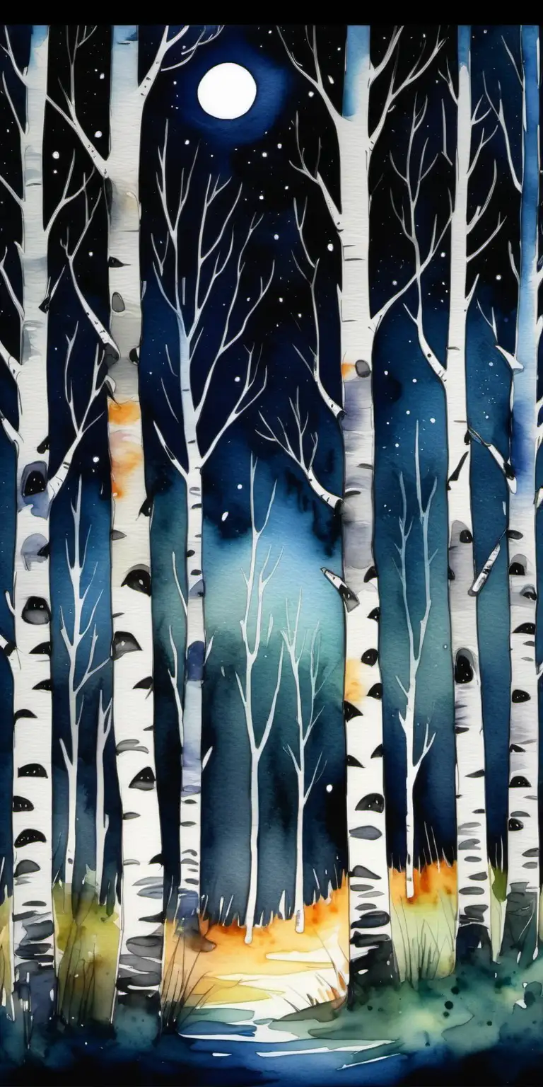 birtch trees forrest watercolour at night 