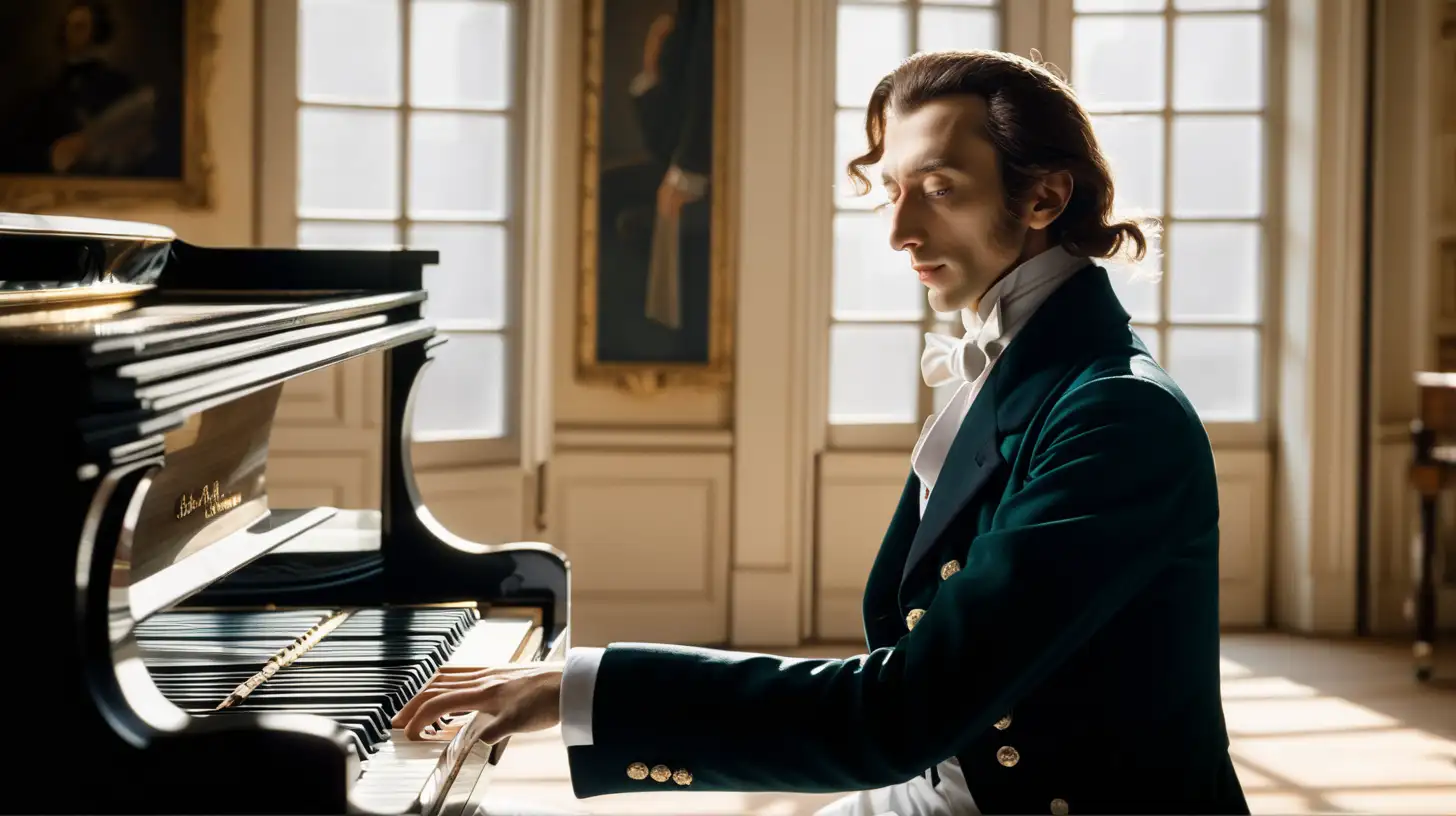 Chopin Playing Piano in Sunlit Room with Festive Tailcoat