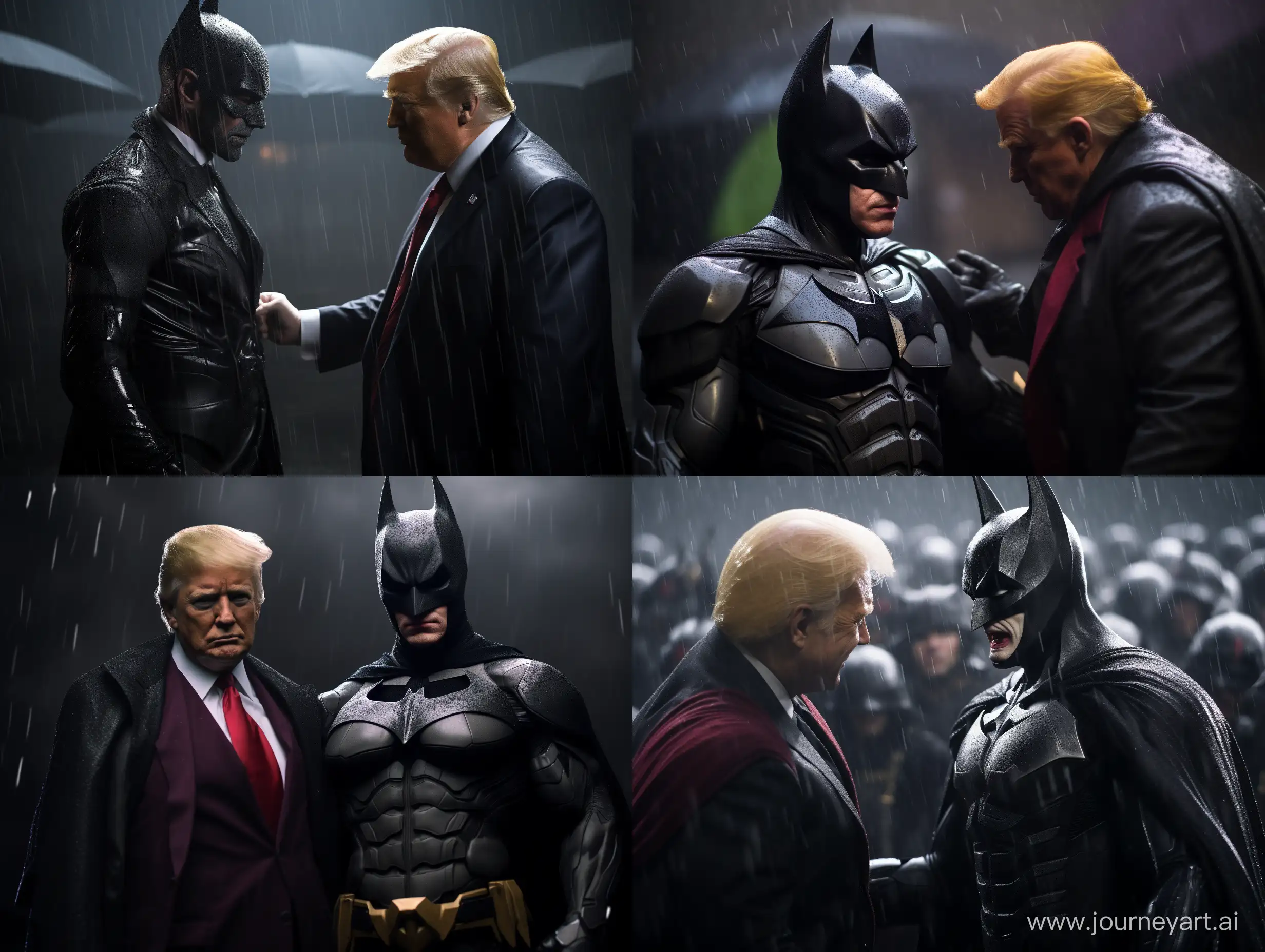 Donald Trump in the outfit of Batman meets Joe Biden in the outfit of Joker during the rain