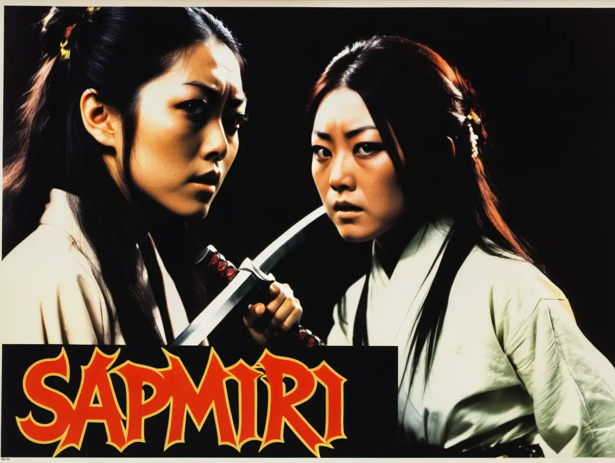 a lobby card promotional photograph for a 1970s Sapphic Hammer film , Japanese film crossover , called “Van Helsing – Samurai”