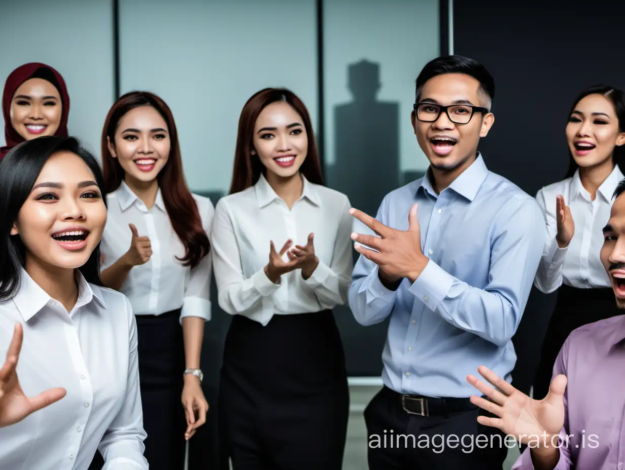 Two Bruneian men and eight Bruneian women in a corporate setting engaging in a communication with their non-verbal cues, gestures, and facial expressions.