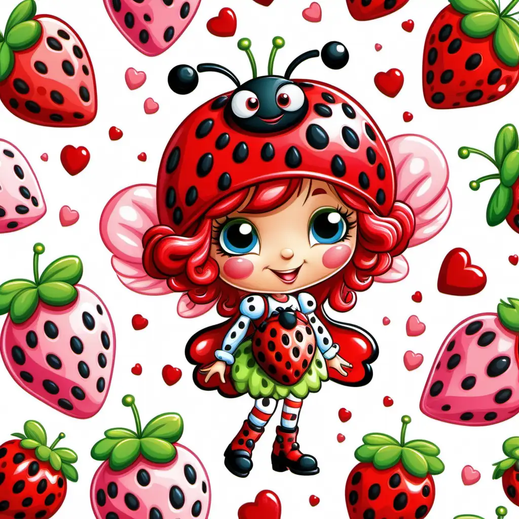 very colorful strawberry shortcake  
valentine theme, lady bug, cartoon style, white background