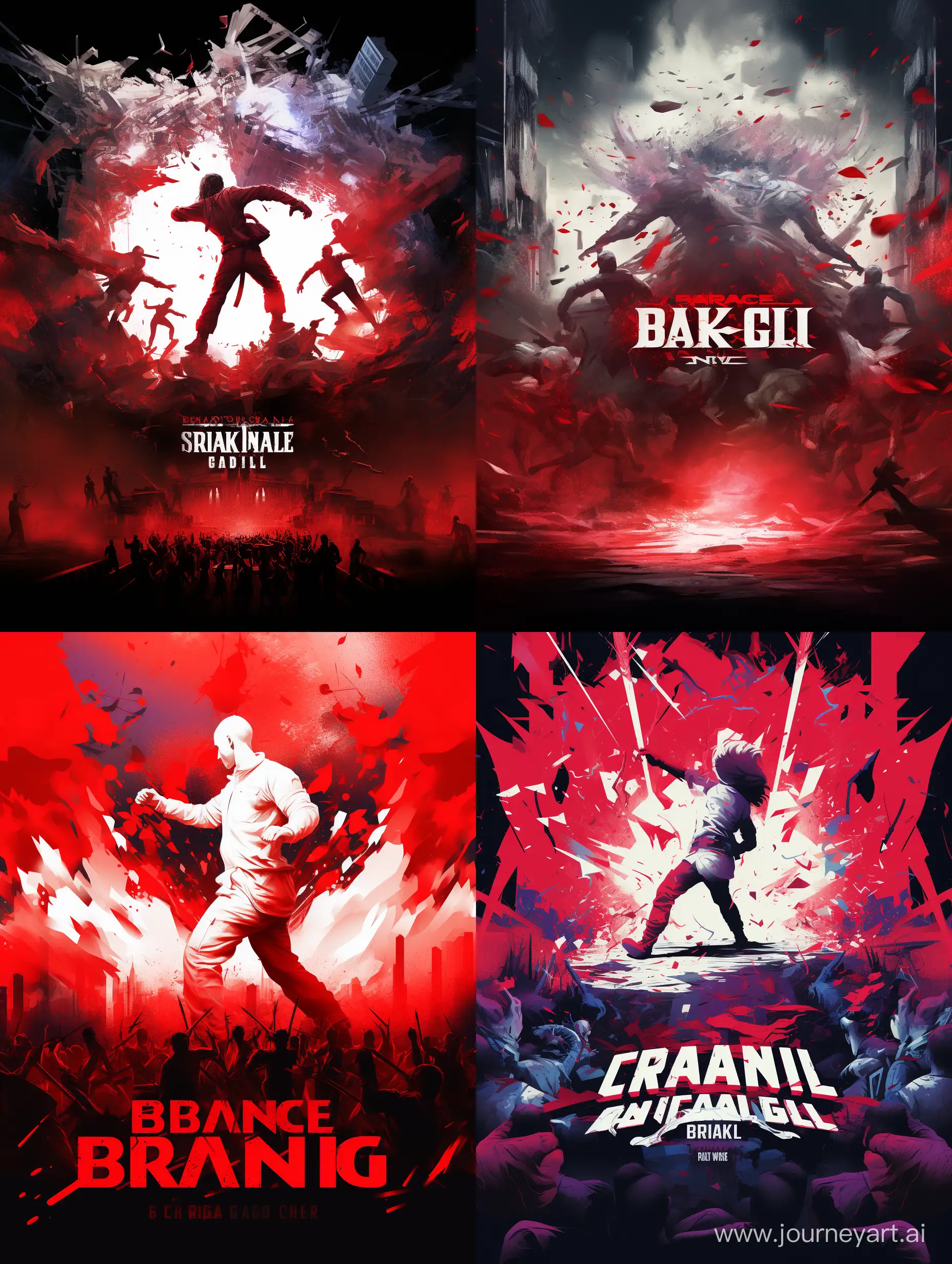 I need art to make a flyer, based on the Breaking combat event, with a vibrant audience, light show game effects, a stage waiting for a great battle of breaking dance bboys and bgirls. Use white and red colors for effects.