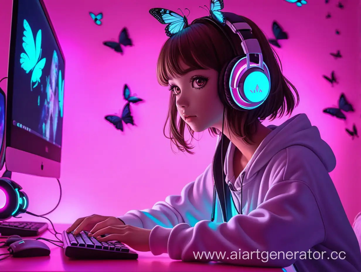  девушка с темными глазами, карие глаза, в стиле аниме, сидит за компьютером, в игровых наушниках  на  фоне розовой игровой комнаты с бабочками, бликами, неоновых подсветках 