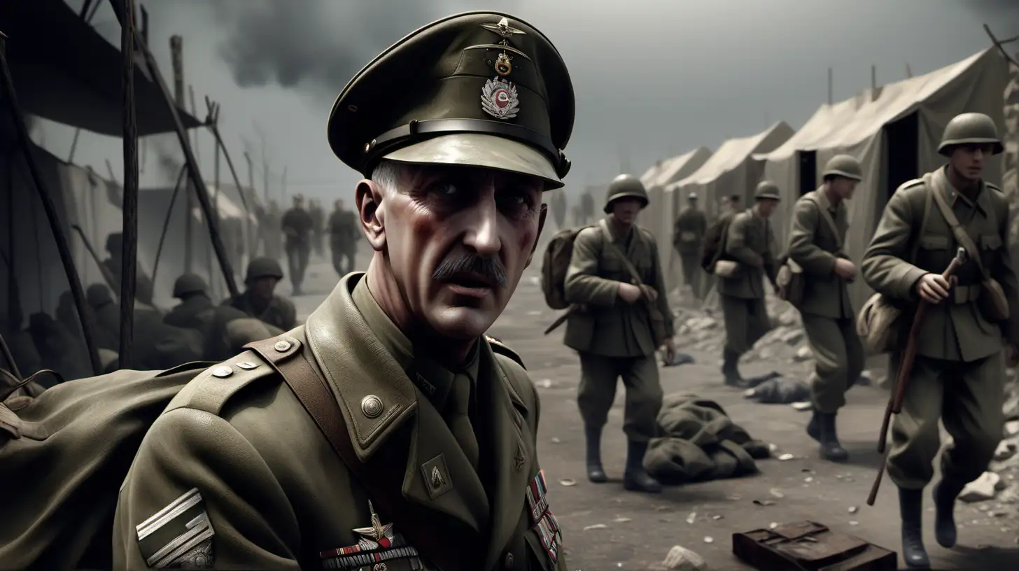 Generate a 8K hyperrealistic image depicting a young Lieutenant General Adrian Carton de Wiart catching a fever in a war zone, with Unreal Engine v5 rendering capturing the intensity and vulnerability of the moment. Ensure the 3D rendering is highly detailed, showcasing the rugged terrain, the makeshift military camp, and the lieutenant's distressed expression. Utilize HDR lighting to enhance the dramatic lighting effects, with photorealistic textures conveying the sweat and discomfort of illness. Incorporate high-resolution elements of medical supplies, canteens, and weary soldiers to immerse viewers in the harsh realities of wartime conditions. The image should evoke a sense of urgency and concern as it portrays de Wiart's struggle with illness amidst the chaos of battle.