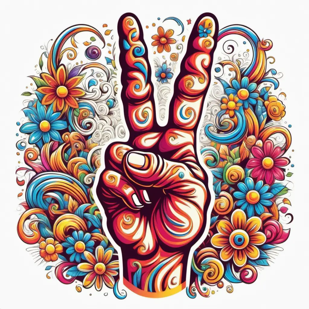 hand making a peace sign with TWO FINGERS, flowers, and swirling patterns. tshirt design vector, white background v
5.1 raw stylepsychedelic retro-style , illustration, a hand making the two finger peace sign, flowers , tshirt design retro colours,vector, white background v
5.1 raw style