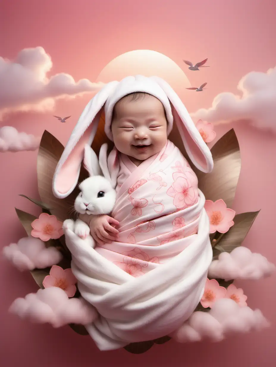 chinese rabbit  wrapped newborn baby smiling  fantasy background with oriental flowers clouds and chinese rabbit in white and clean baby pink with soft pink sunset background