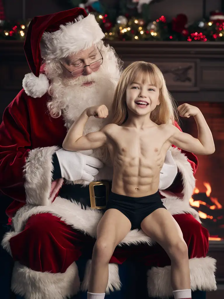 7 year old blond hair girl, flat chested, muscular abs, showing her belly, sits on Santa