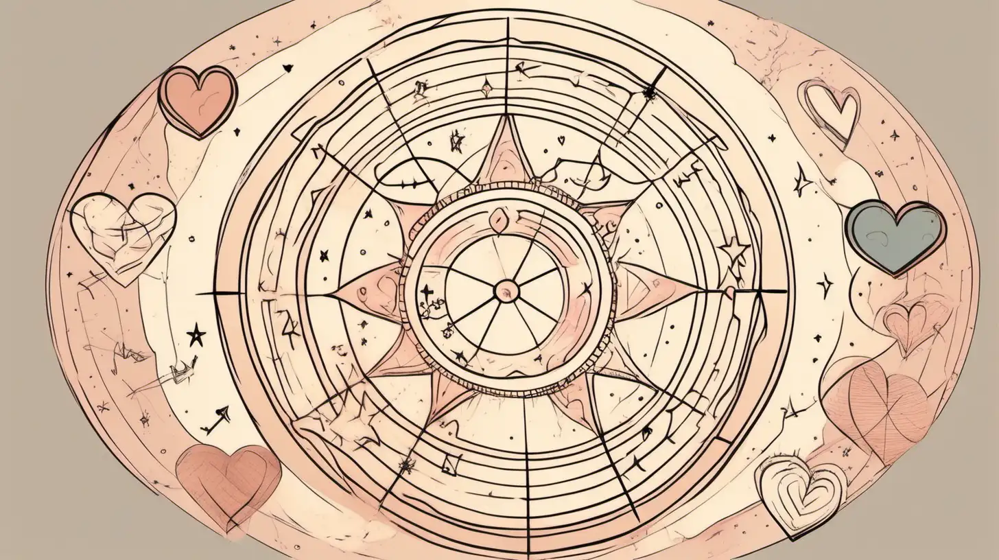 Draw An astrological wheel with
heart shapes flying around it. Loose lines. Muted color, add a label write on text