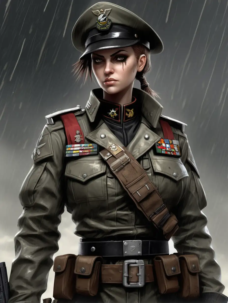 Young Commissar Woman in Taupe Brown Uniform Amidst Torrential Warzone Rainstorm