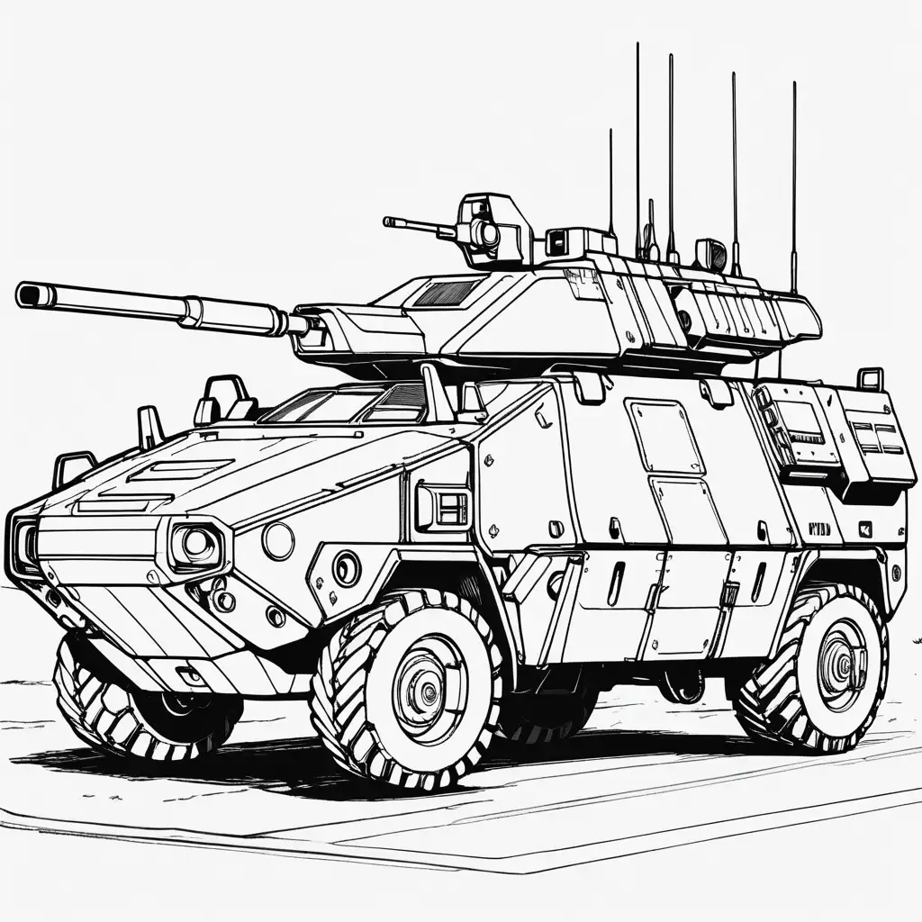 military armored car, armed with cannon armed turret, battletech, technical readout, black and white line drawing