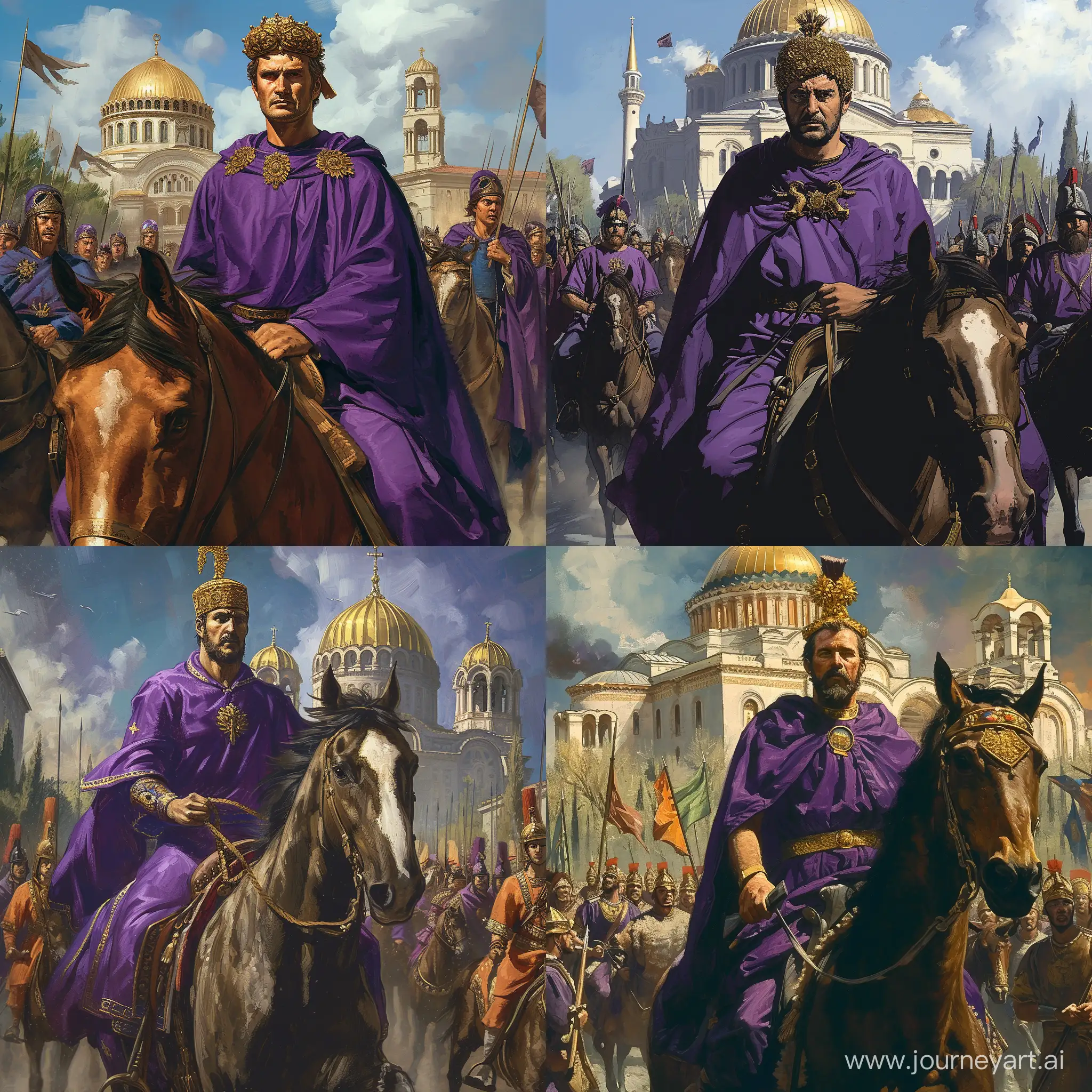 triumph in Byzantium. Basileus in purple with a golden wreath on his head rides a horse in front of his army. against the background of St. Sophia Cathedral