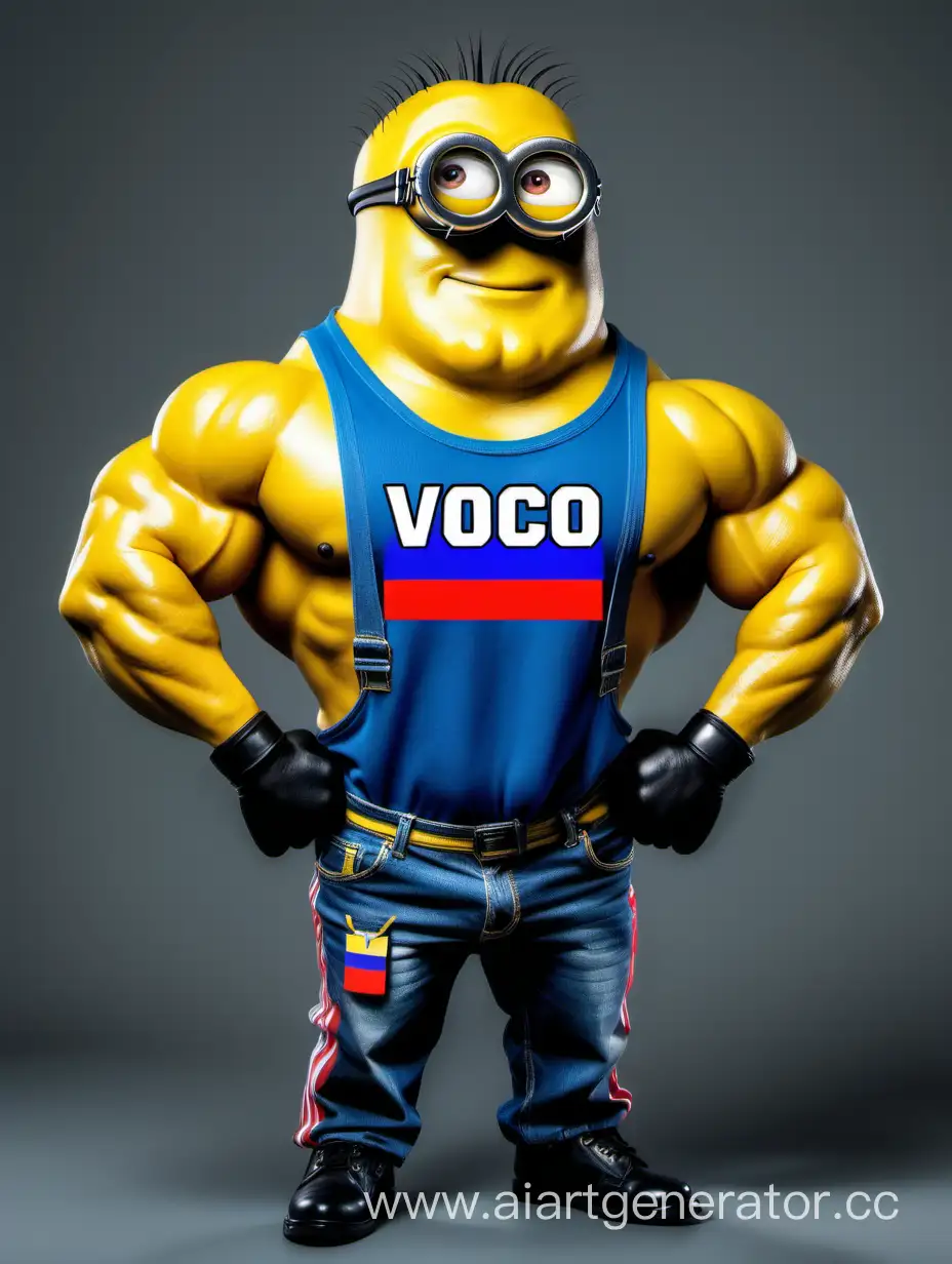 Военный Миньон-бодибилдер мускулистый, сильный, мощный, широкоплечий, с желтыми накаченными руками, с желтым накаченным телом, который любит миньон носит футболку с цветом России и надписью на футболке SVO