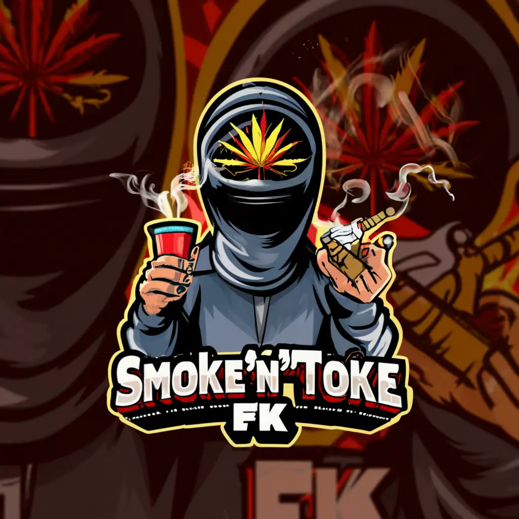 a logo design, with the text Smoke'N'Toke FK, main symbol: A highly detailed weed inspired background with a cartoon character wearing a balaclava holding a big bag of weed and a joint with red glazed stoned eyes, Moderate, clear background