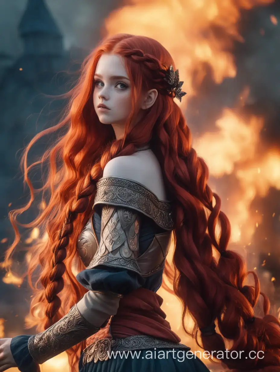 Девушка с очень длинными рыжими волосами, в фентези одежде, с плетью в руках, на фоне огня