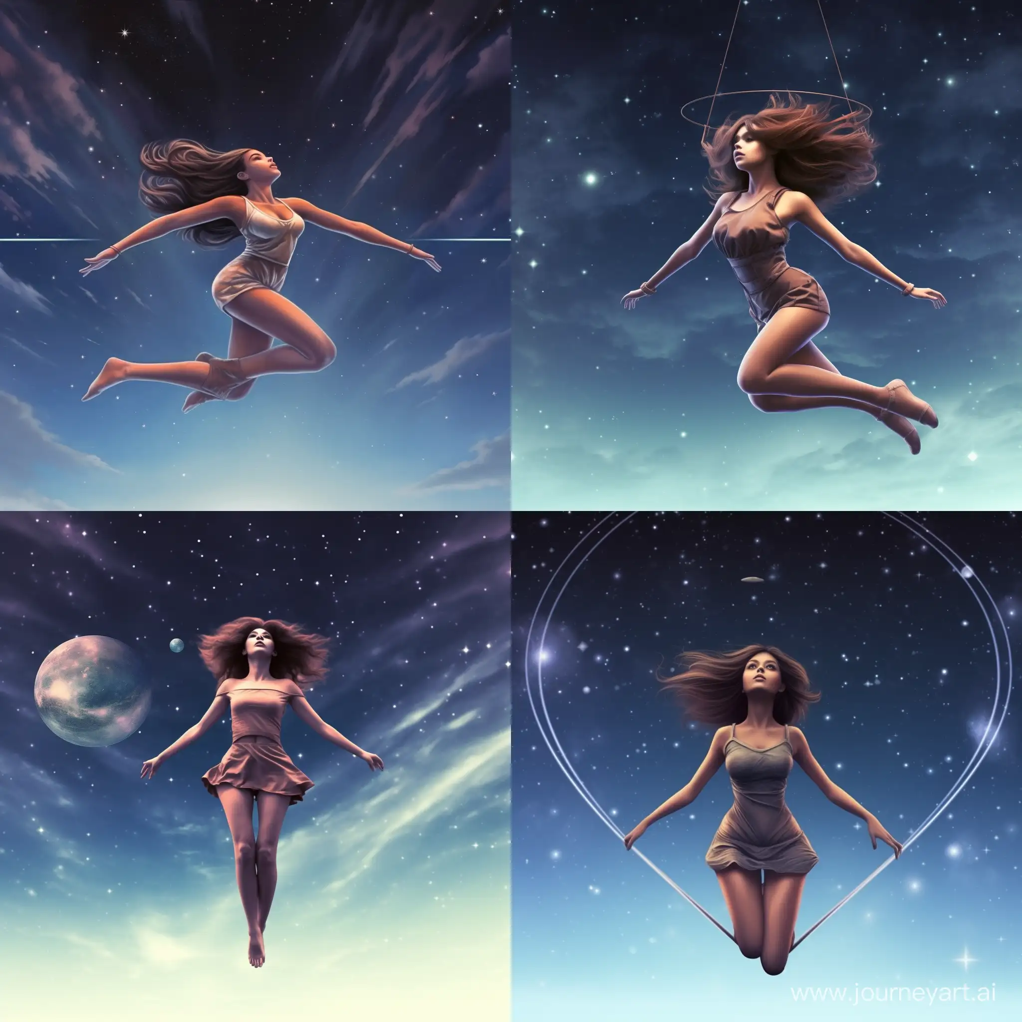 Girl in bikini flying in space