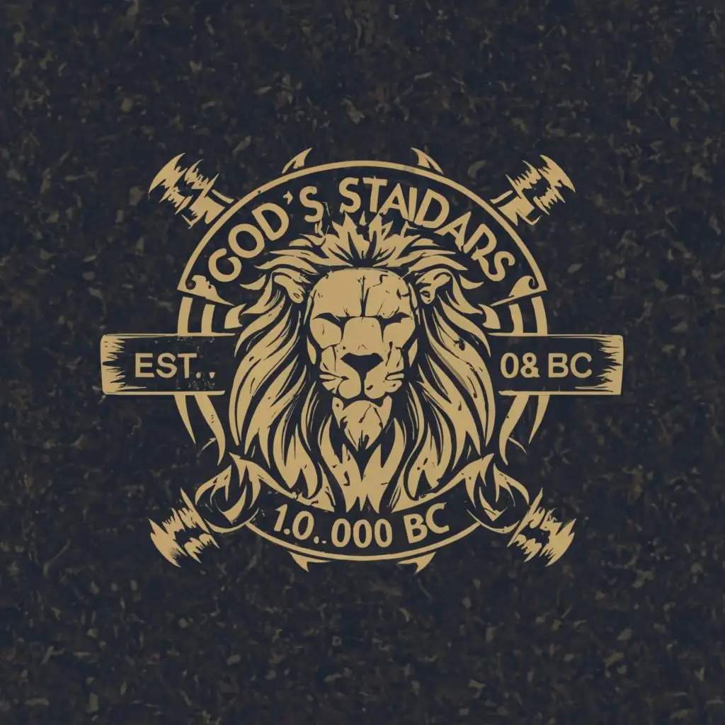 a logo design,with the text "Gods standards est. 0000 bc", main symbol:Lion and barbell and sword,Moderate,clear background