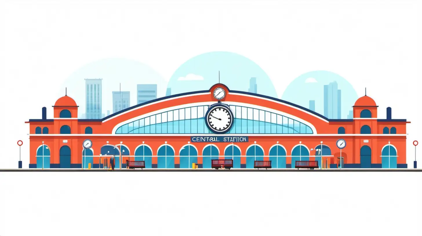 mobile app design, flat vector picture of a central railway station, minimalism, white background
