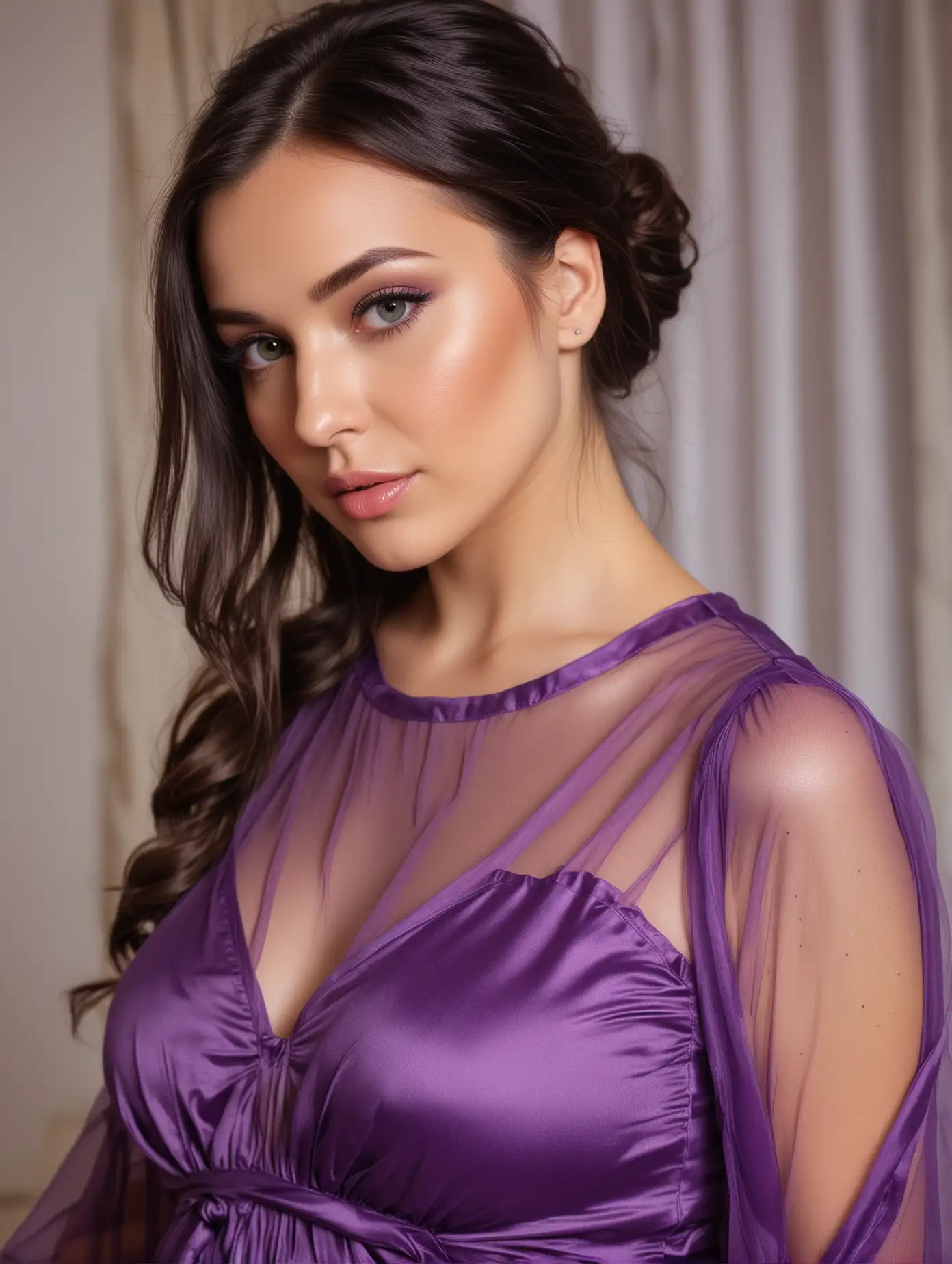 Sexy  Ukraine girl ,Exquisite facial features ，beautiful pregnant woman in purple satin dress with sheer sleeves，she has dark brown hair and is looking into camera