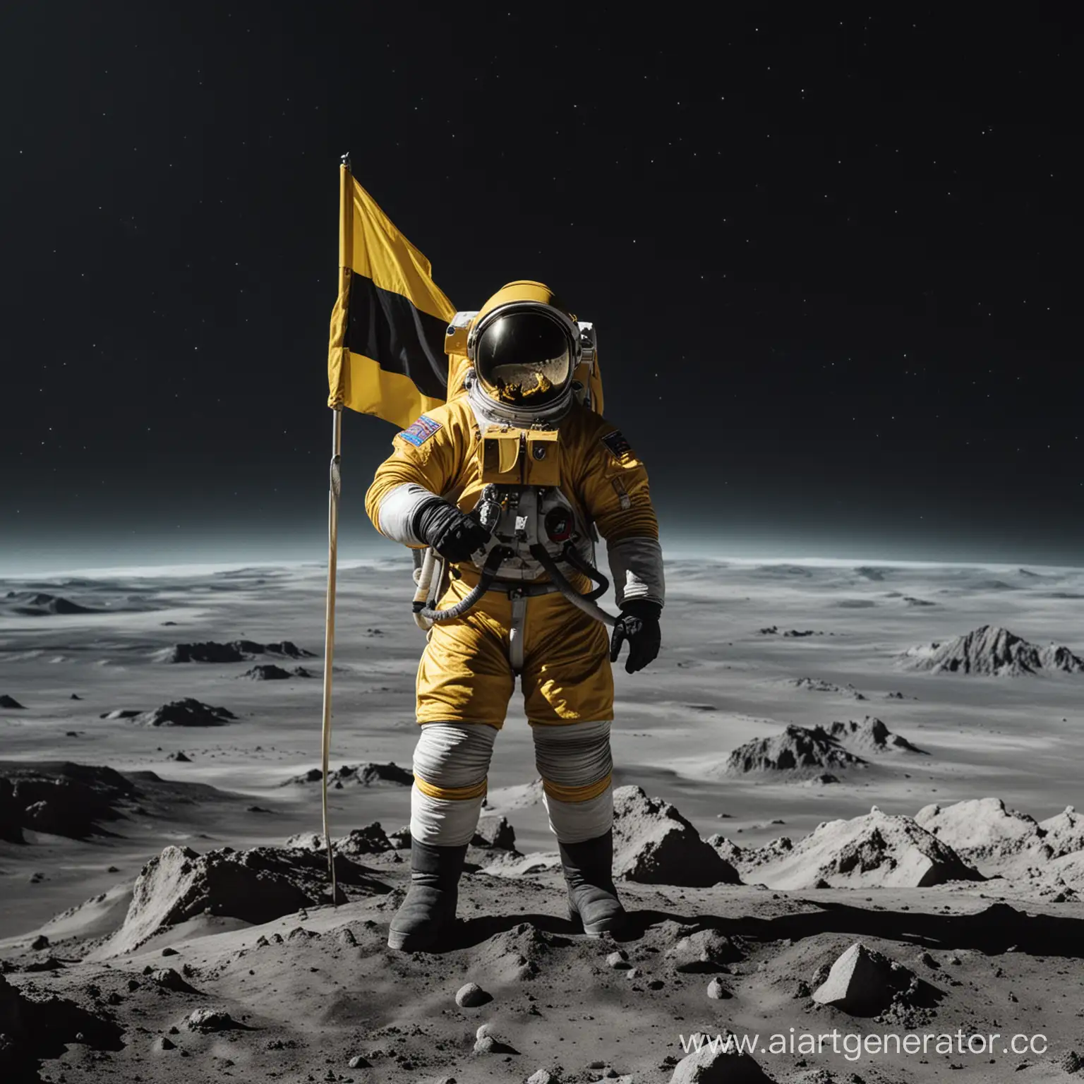 Космонавт стоит на планете и держит желто черный флаг

