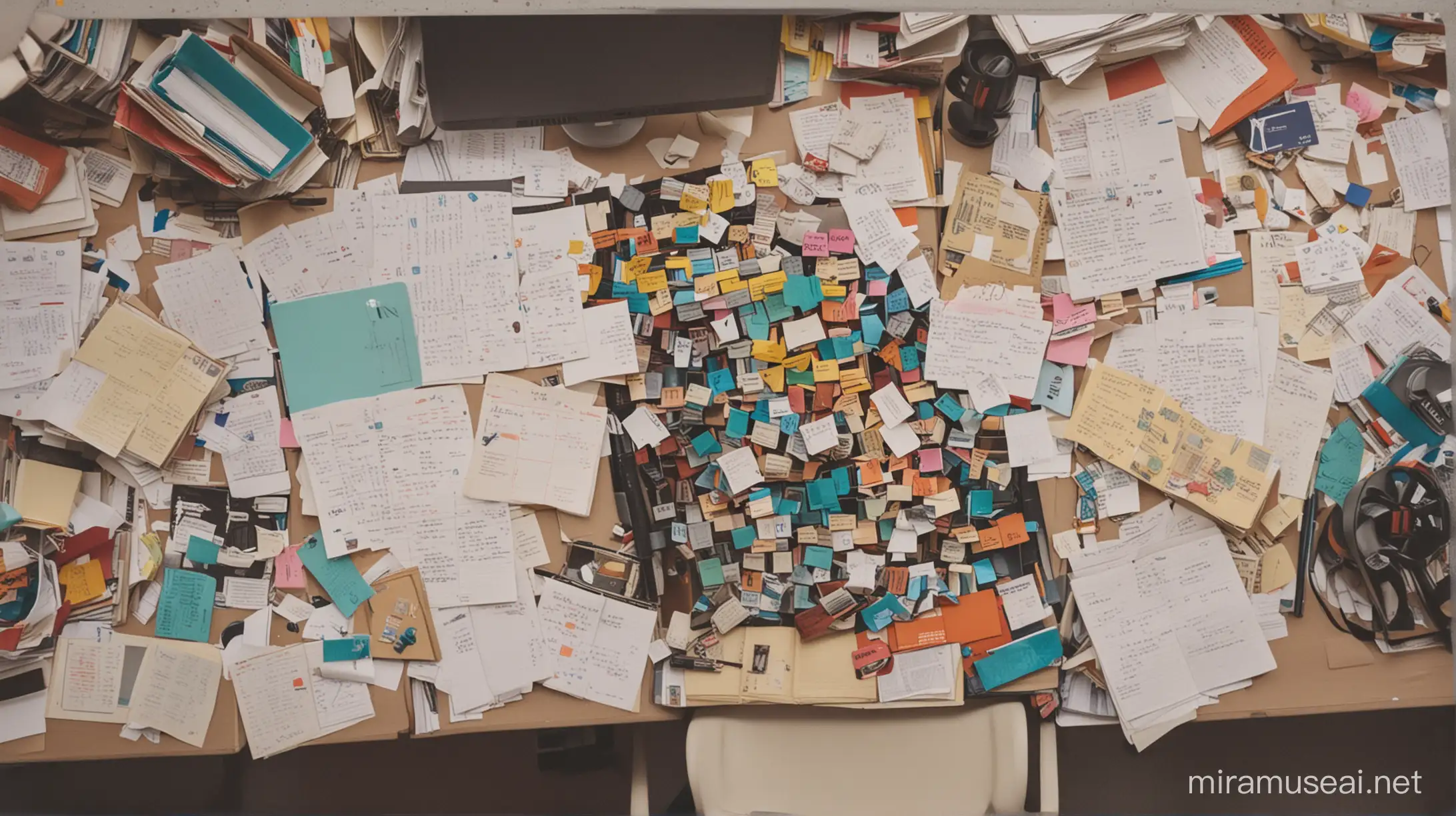 Scattered vs. Organized Desk: A split image. One side shows a messy desk overflowing with books and papers, representing Maya's disorganized approach. The other side shows Alex's desk with color-coded notes, a planner, and neatly stacked books, symbolizing his meticulous planning.