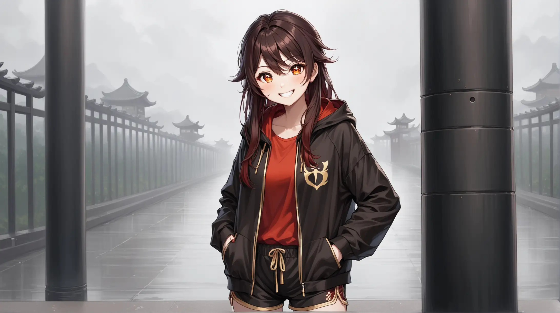 Draw the character Hu Tao, standing alone in a striking post, outside on an overcast day, wearing shorts and a jacket, she is smiling at the viewer