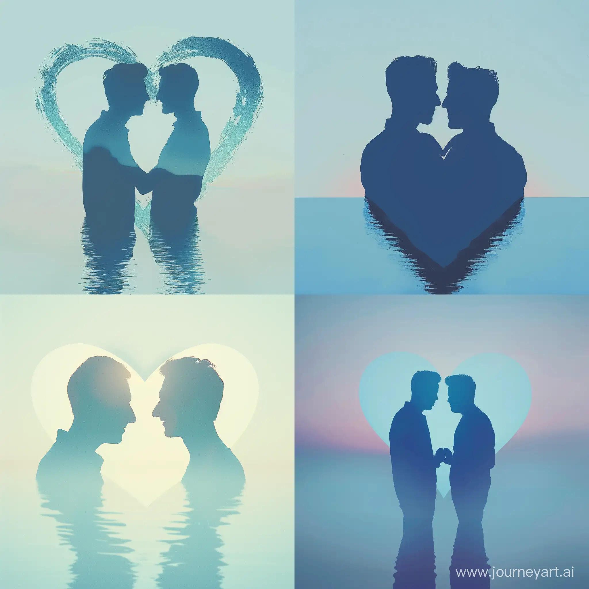 Valentine's card for a man from a man. Two men embrace against the backdrop of a lazy sunset, their silhouettes forming a heart sign. Everything is in light blue tones. No faces are visible, no heads are visible.